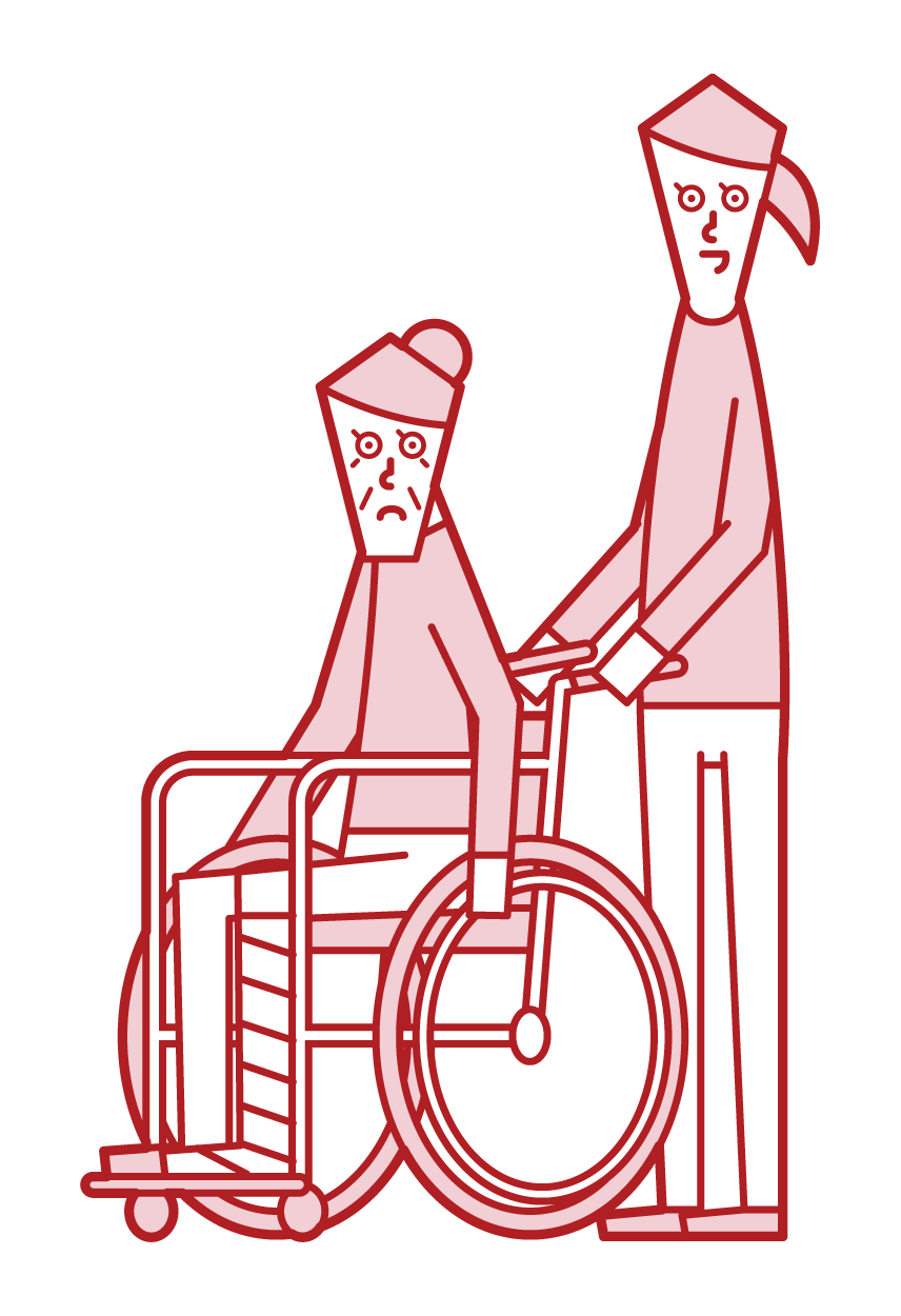 휠체어에 탄 부상자(할머니)와 휠체어를 밀고 있는 사람(여성)의 일러스트