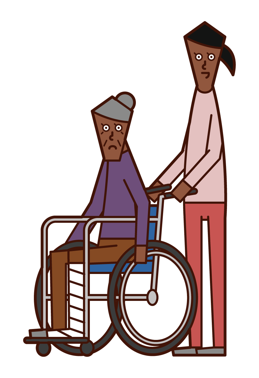 車椅子に乗る怪我人（おばあさん）とその車椅子を押す人（女性）のイラスト