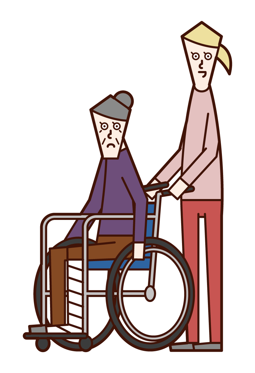 휠체어에 탄 부상자(할머니)와 휠체어를 밀고 있는 사람(여성)의 일러스트