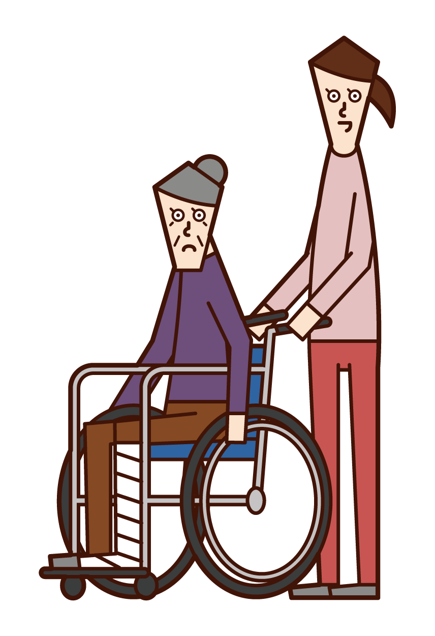 Illustration of an injured person (old man) in a wheelchair and a person pushing a wheelchair (male)