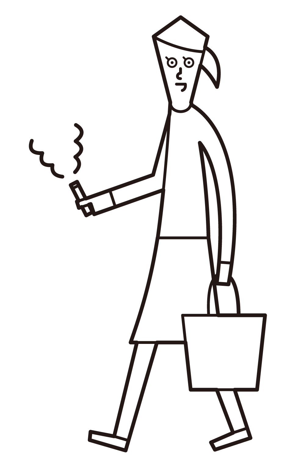 走路時吸煙的人（女性）的插圖