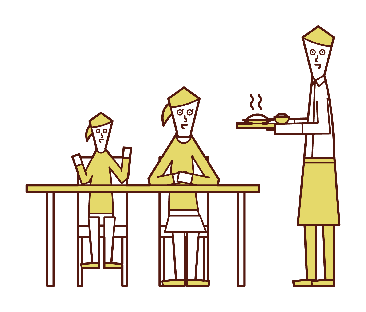 Family (woman) illustration enjoying a meal at a restaurant