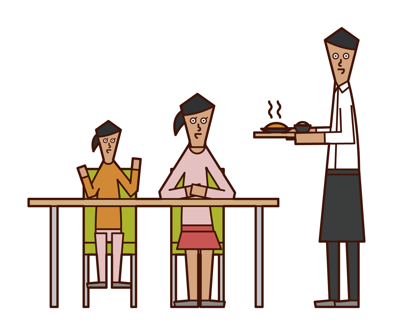Family (woman) illustration enjoying a meal at a restaurant