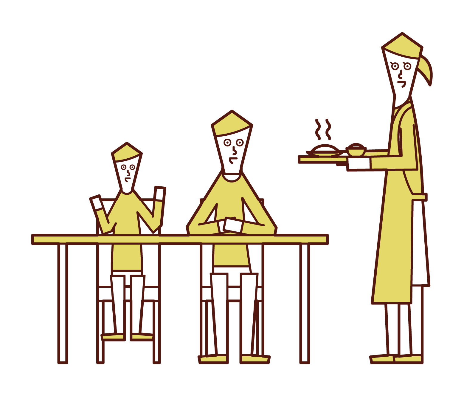 Illustration of mother who made dinner and family surrounding the table
