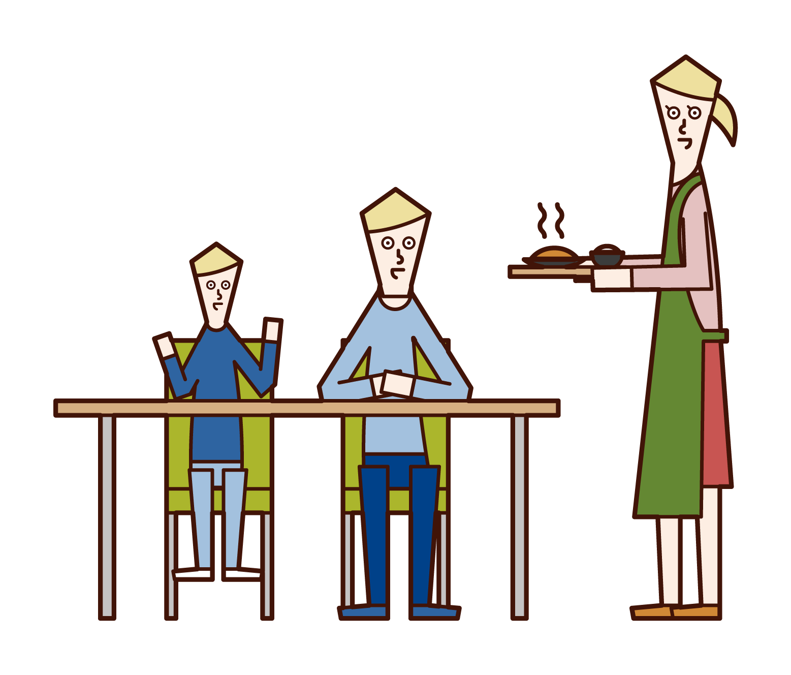 Illustration of mother who made dinner and family surrounding the table