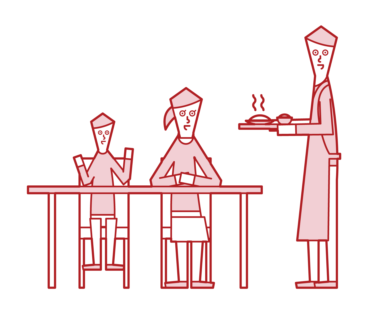 製作晚餐的父親和餐桌周圍的家庭插圖