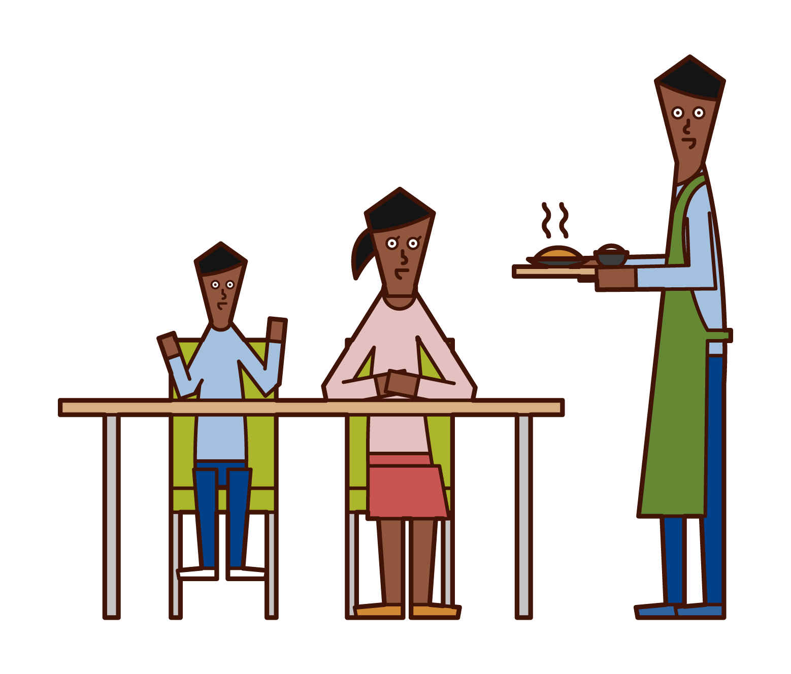 製作晚餐的父親和餐桌周圍的家庭插圖