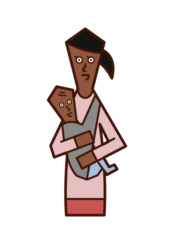 母親用皮帶抱著嬰兒的插圖