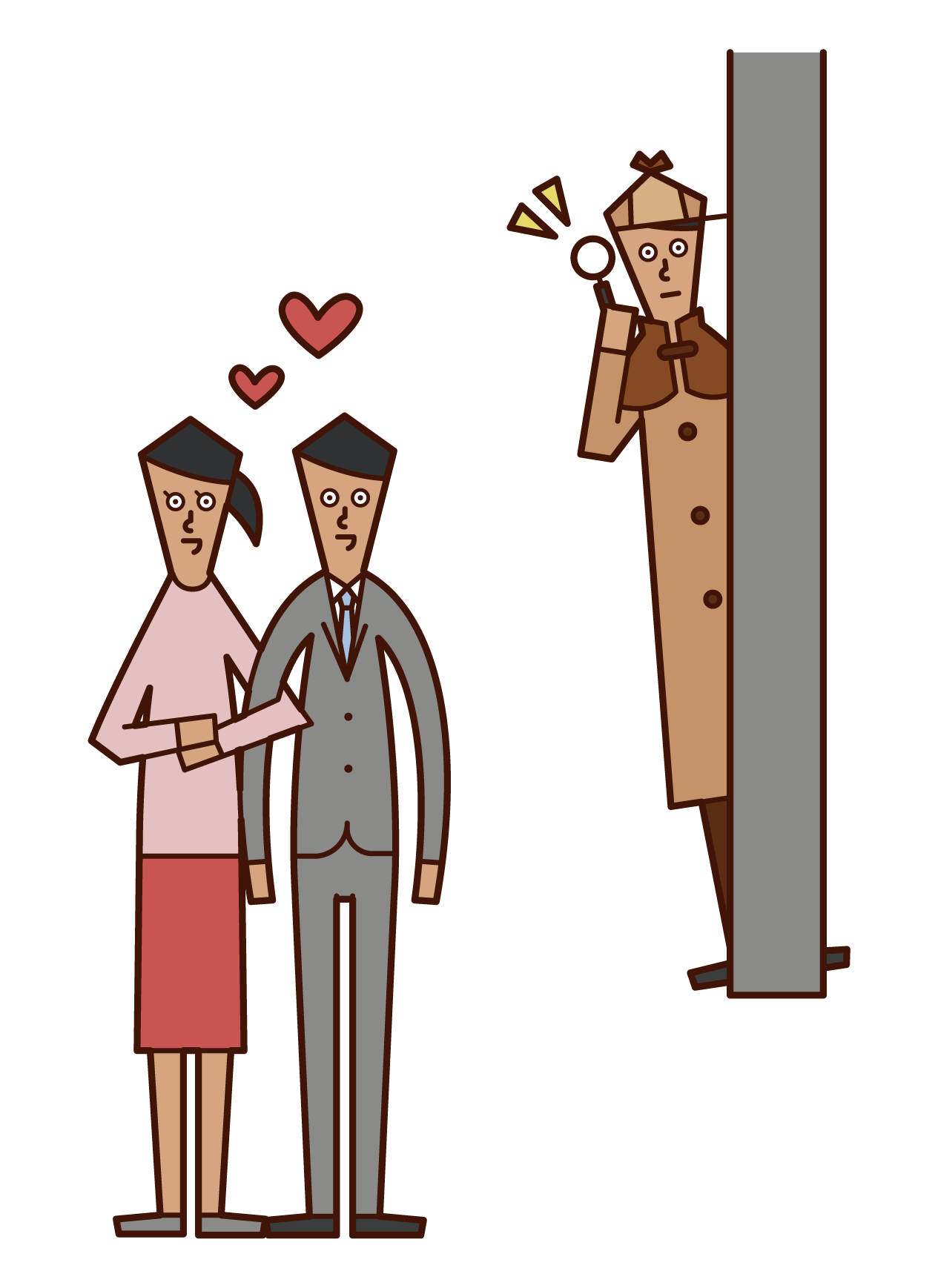 Illustration of a detective (man) investigating infidelity