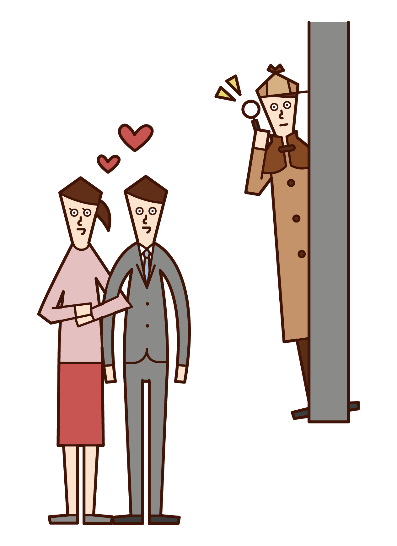 Illustration of a detective (man) investigating infidelity
