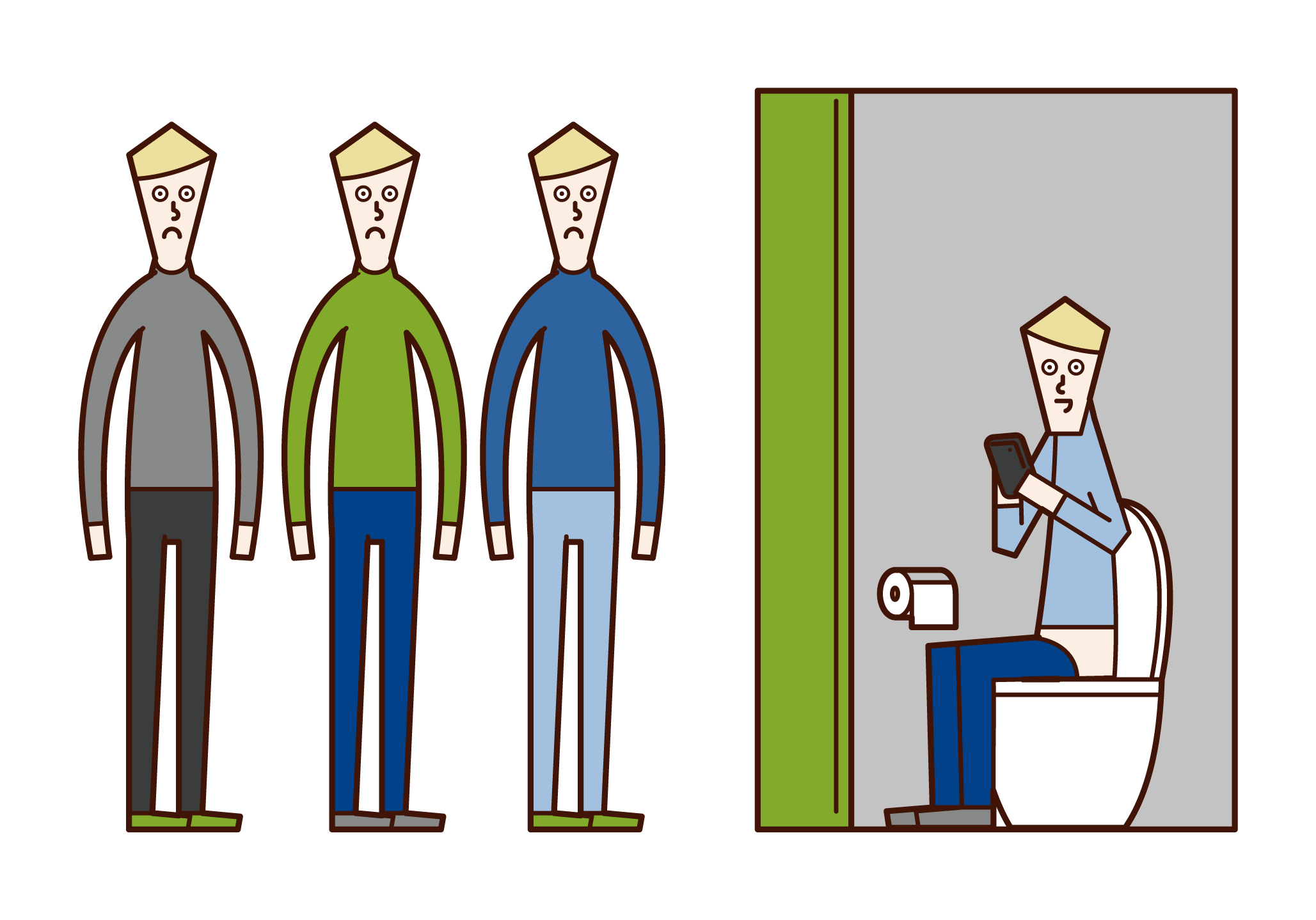 Illustration of people (men) waiting in turn in the toilet