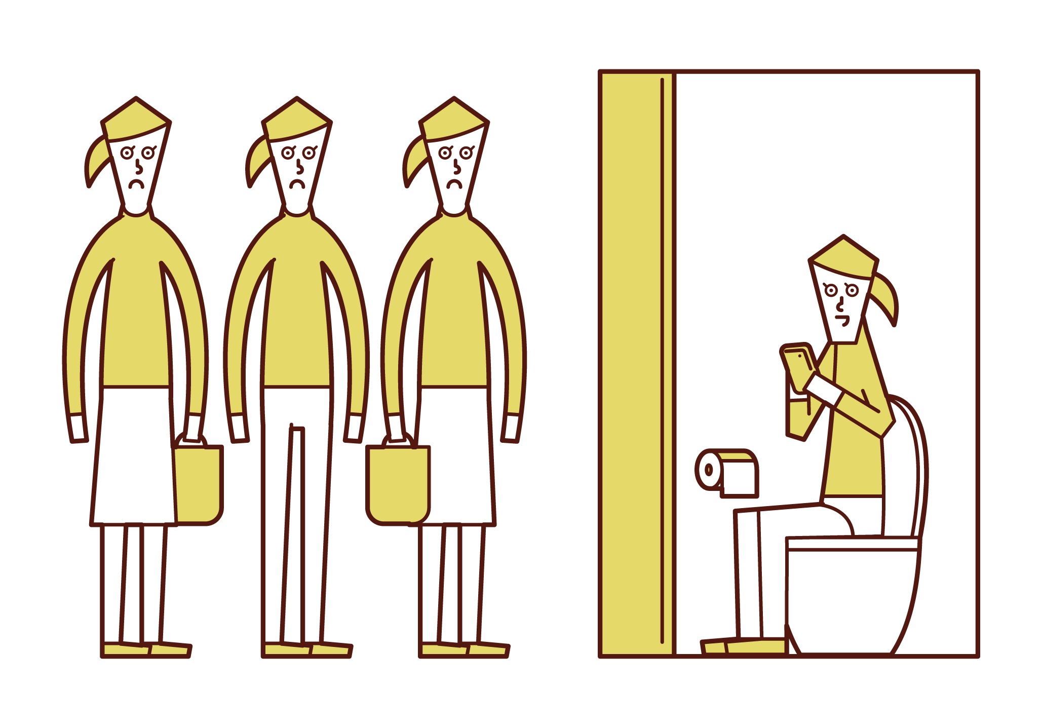 Illustration of people (women) waiting in turn in the toilet