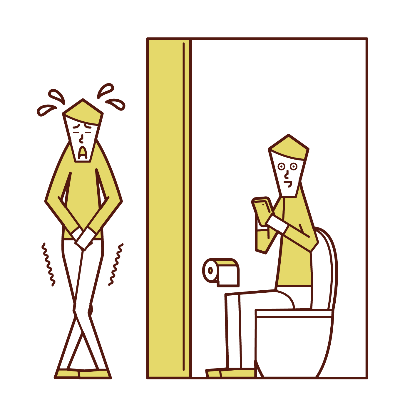 在廁所裡等待輪到的人（男性）的插圖