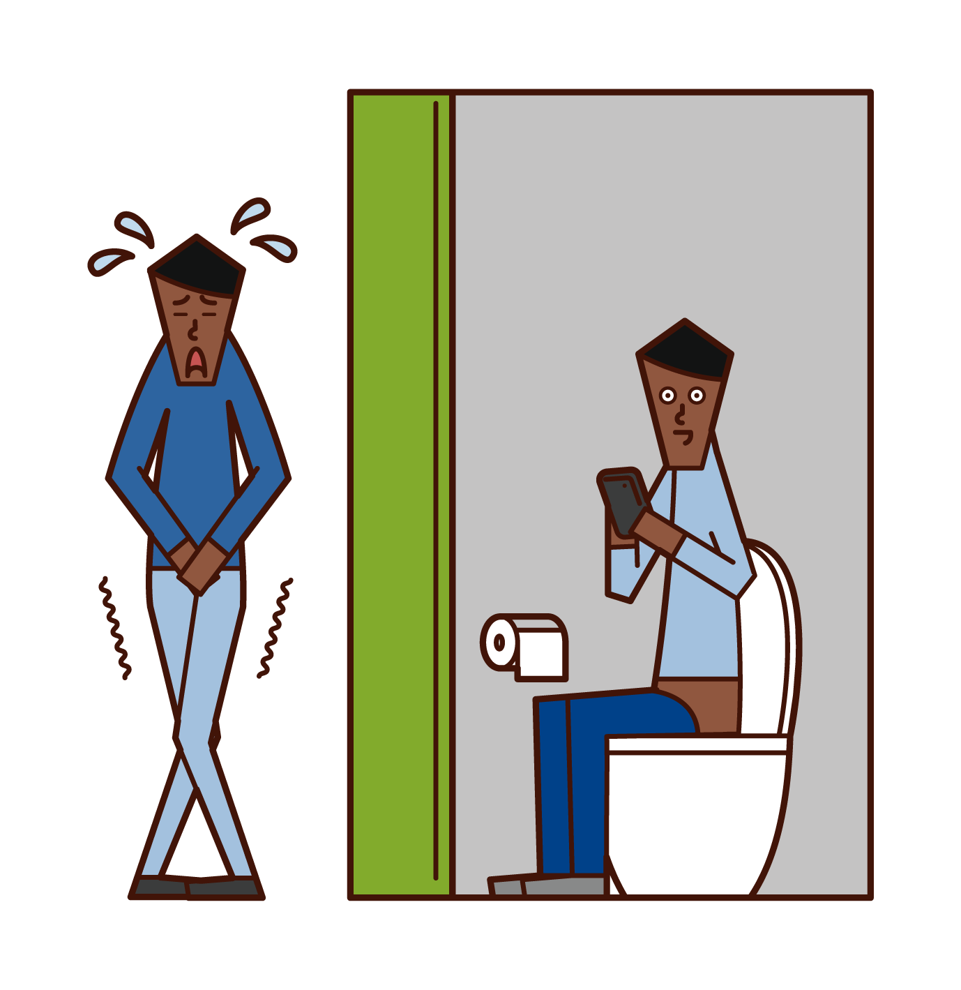 Illustration of a man waiting in turn in the toilet
