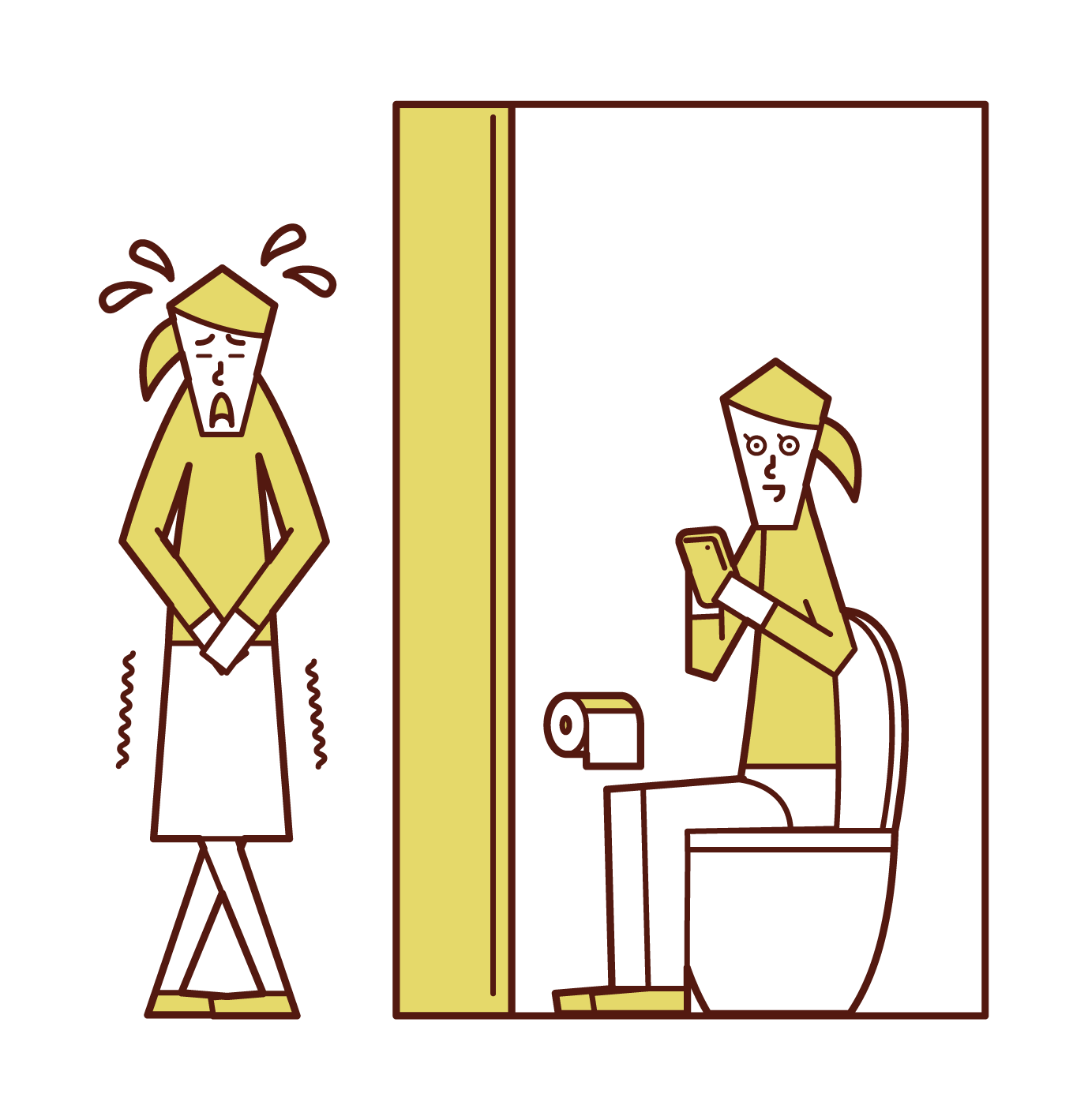 Illustration of a woman waiting in turn in the toilet
