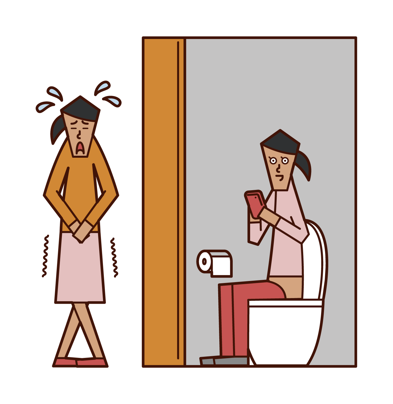 Illustration of a woman waiting in turn in the toilet