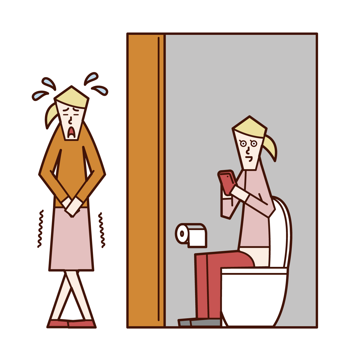 トイレで順番待ちをする人（女性）のイラスト