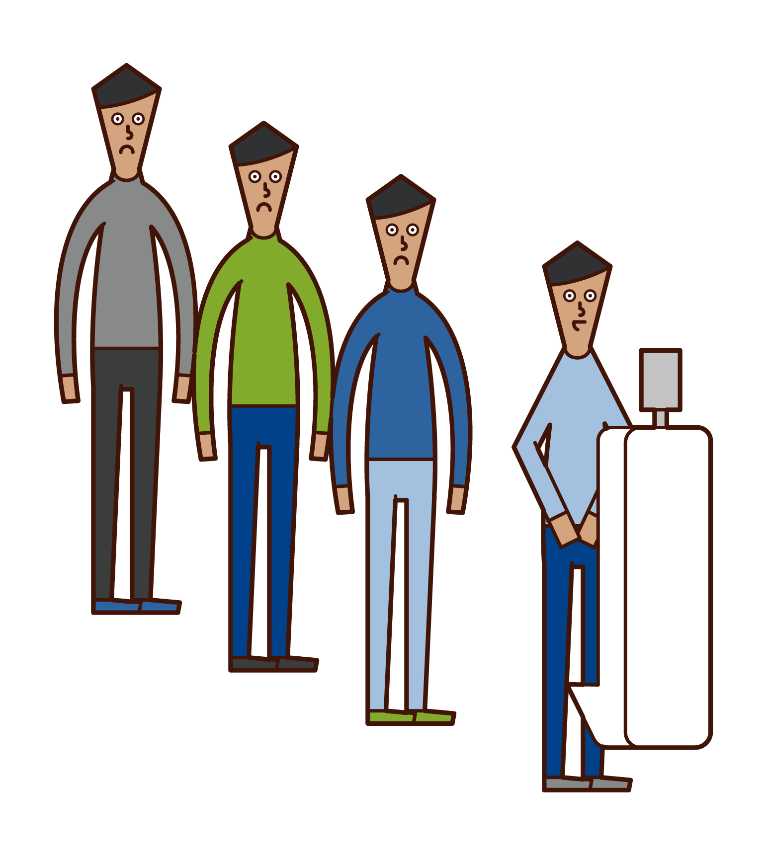 Illustration of people (men) waiting in turn in the toilet