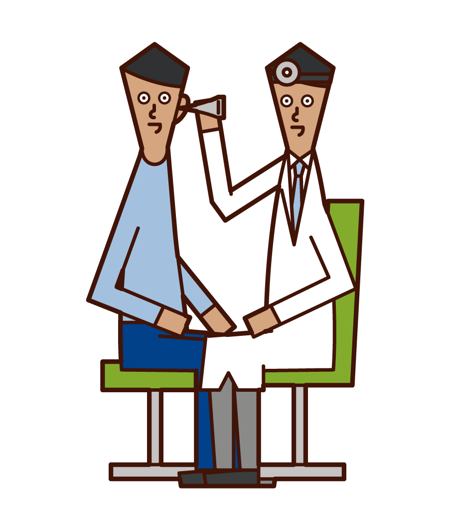Illustration of a doctor (man) who tests his ears in the otorhinology department