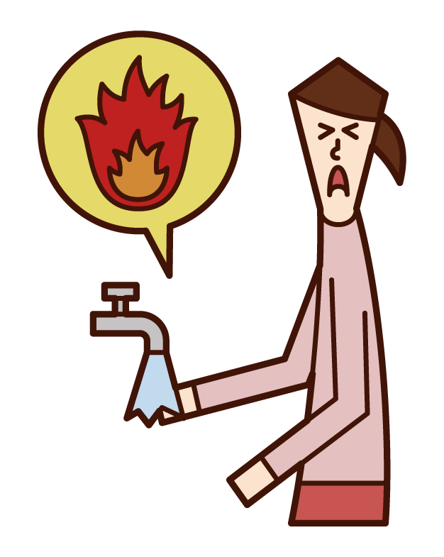 Illustration of a person (woman) cooling her burned hands