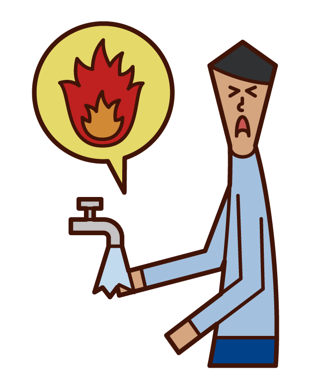 Illustration of a man cooling his burned hand