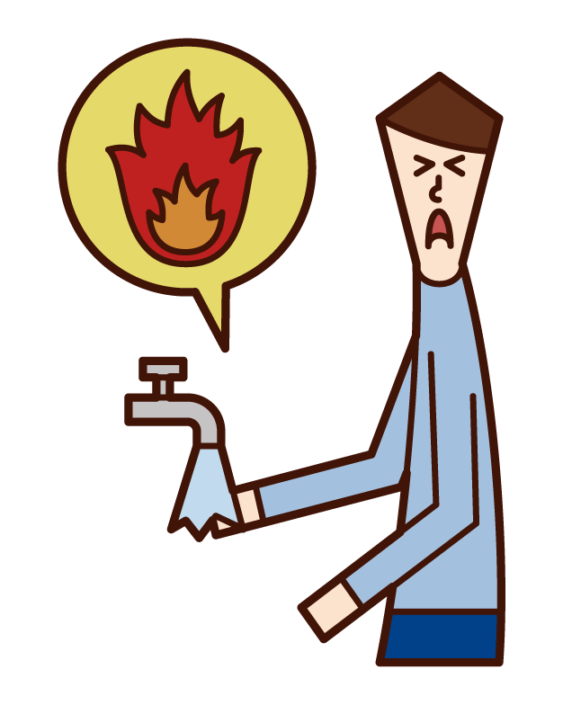 Illustration of a man cooling his burned hand