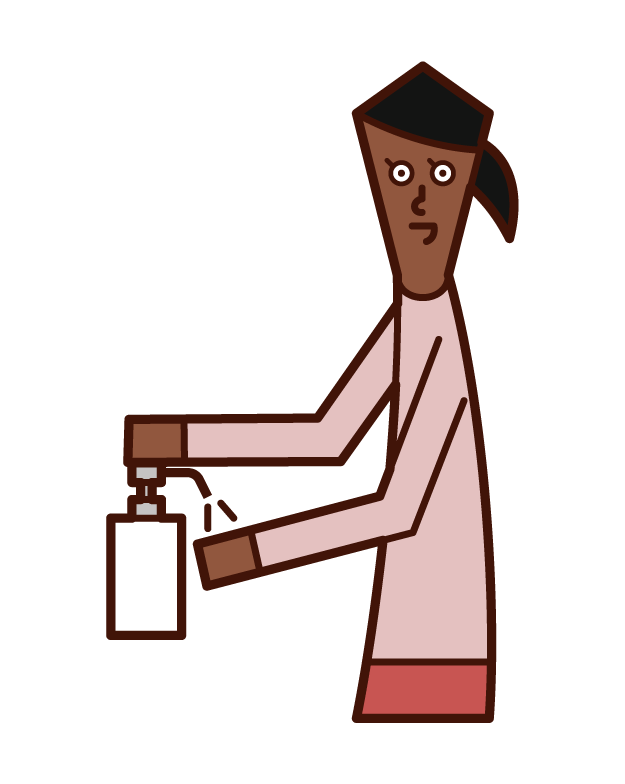 Illustration of a person (woman) disinfecting her hands with alcohol