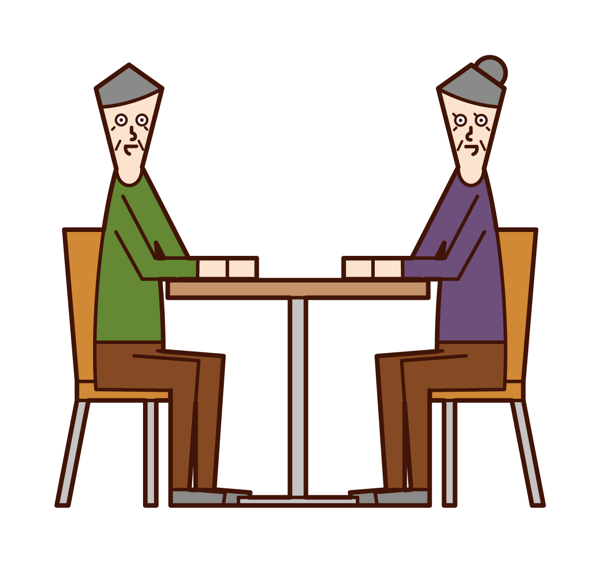 Illustration of an elderly couple sitting down and talking