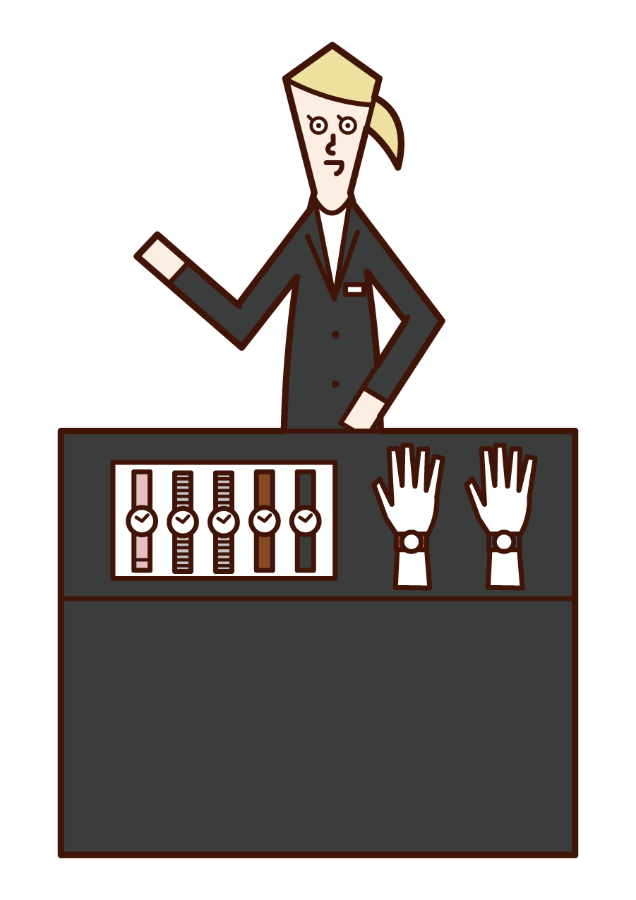 Illustration of a watch shop clerk (woman)