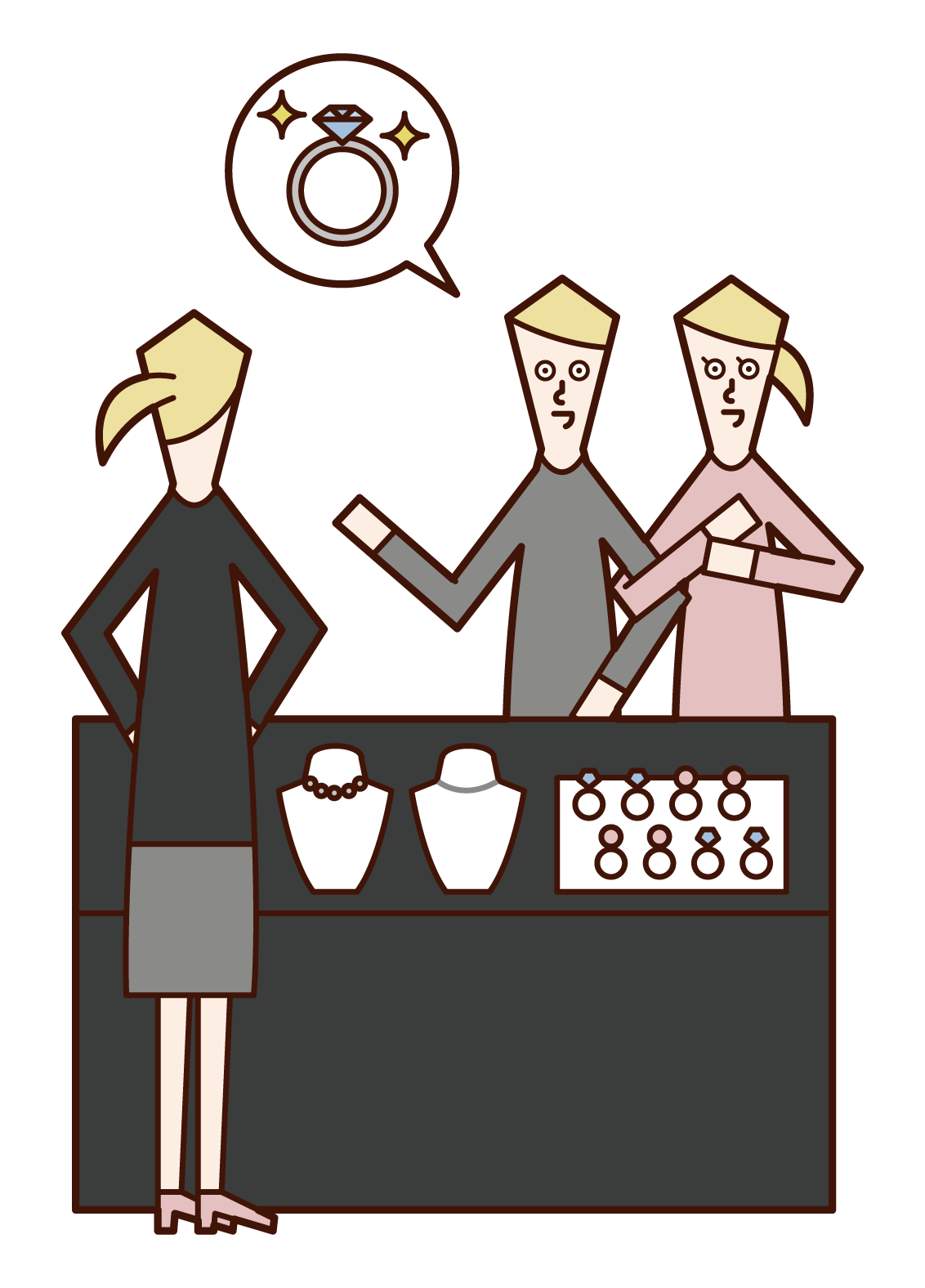 Illustration of a couple buying a ring at a jewelry store
