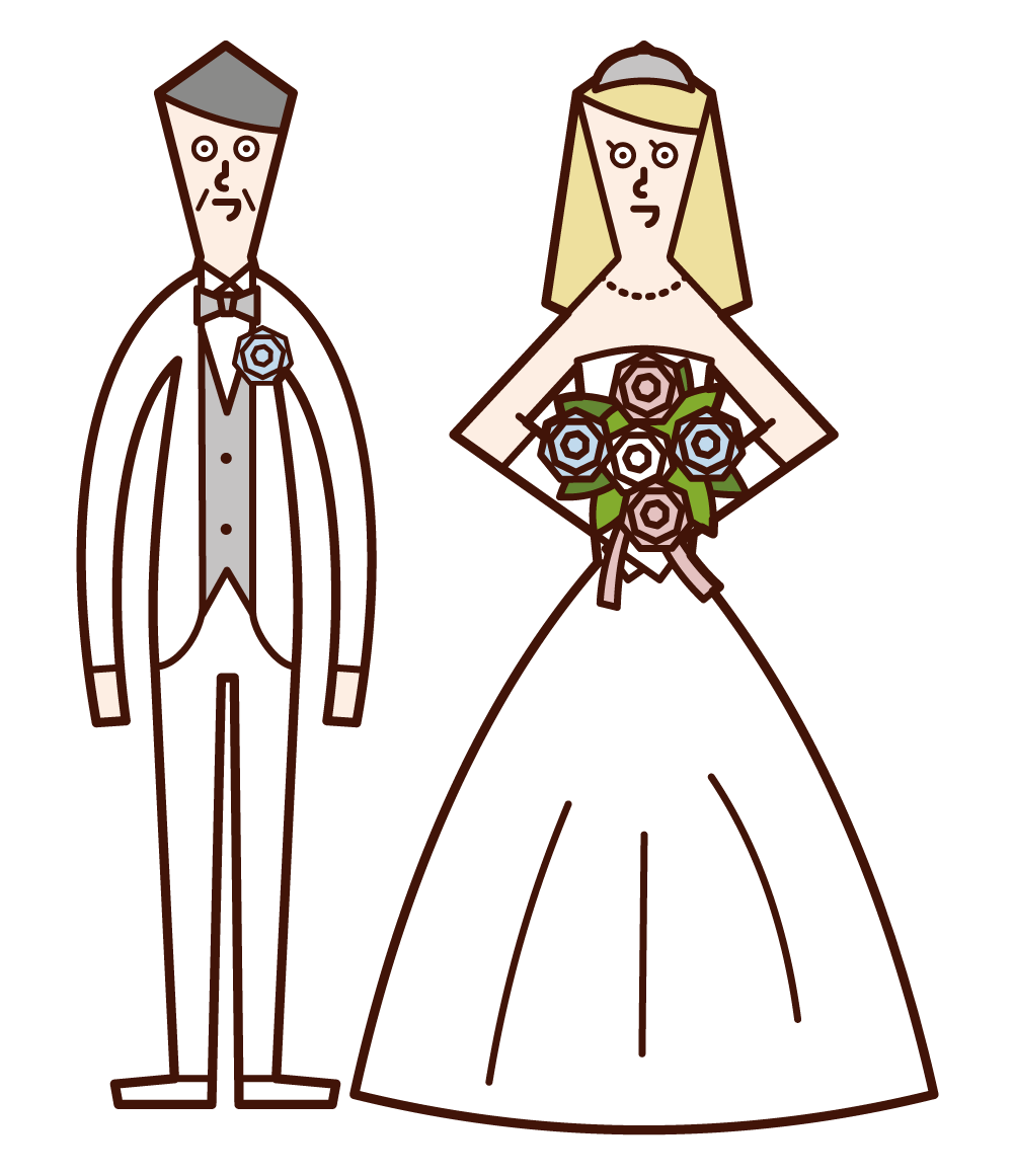 Illustration of a bride and groom who are separated from their age