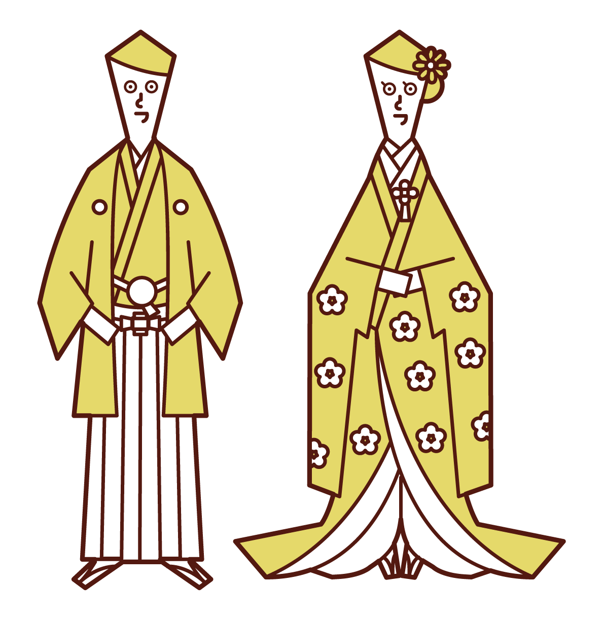 Illustration of a japanese-style bride and groom (crested hakama, colored uchikake)