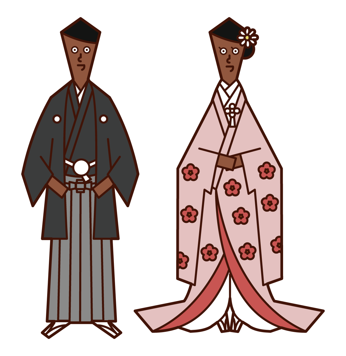 Illustration of a japanese-style bride and groom (crested hakama, colored uchikake)