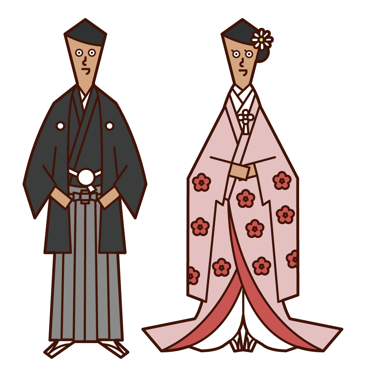 Illustration of a japanese-style bride and groom (crested hakama, colored uchikake)