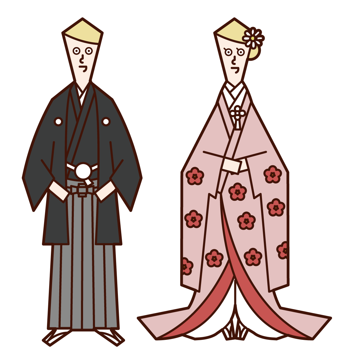 Illustration of a japanese-style bride and groom (crested hakama, colored uchikake)