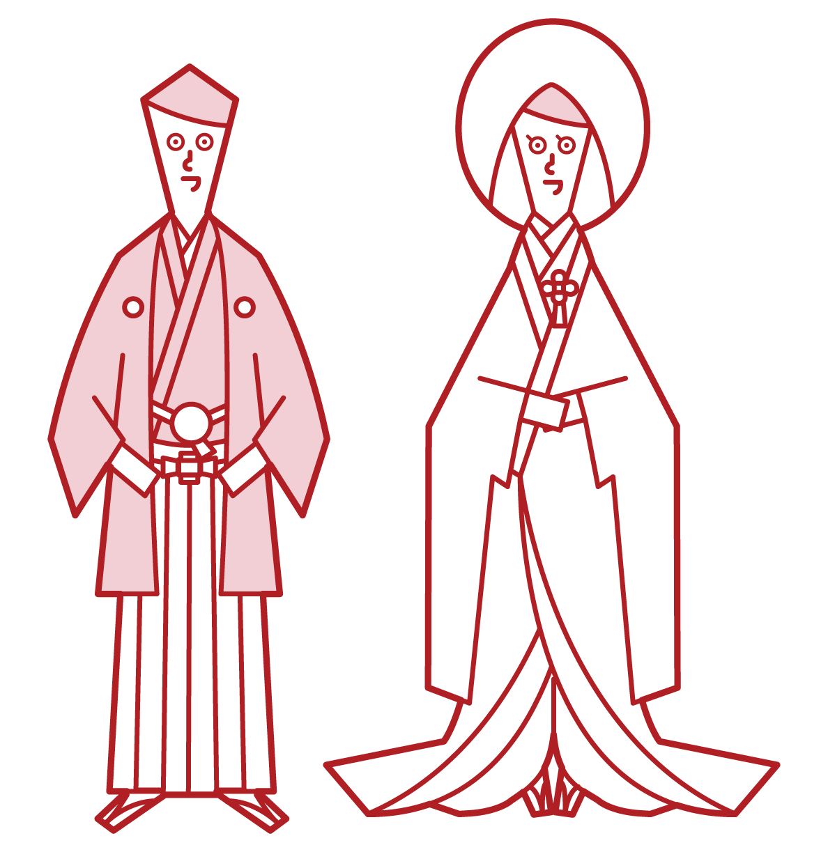 Illustration of a japanese-style bride and groom (crested hakama, solid white)