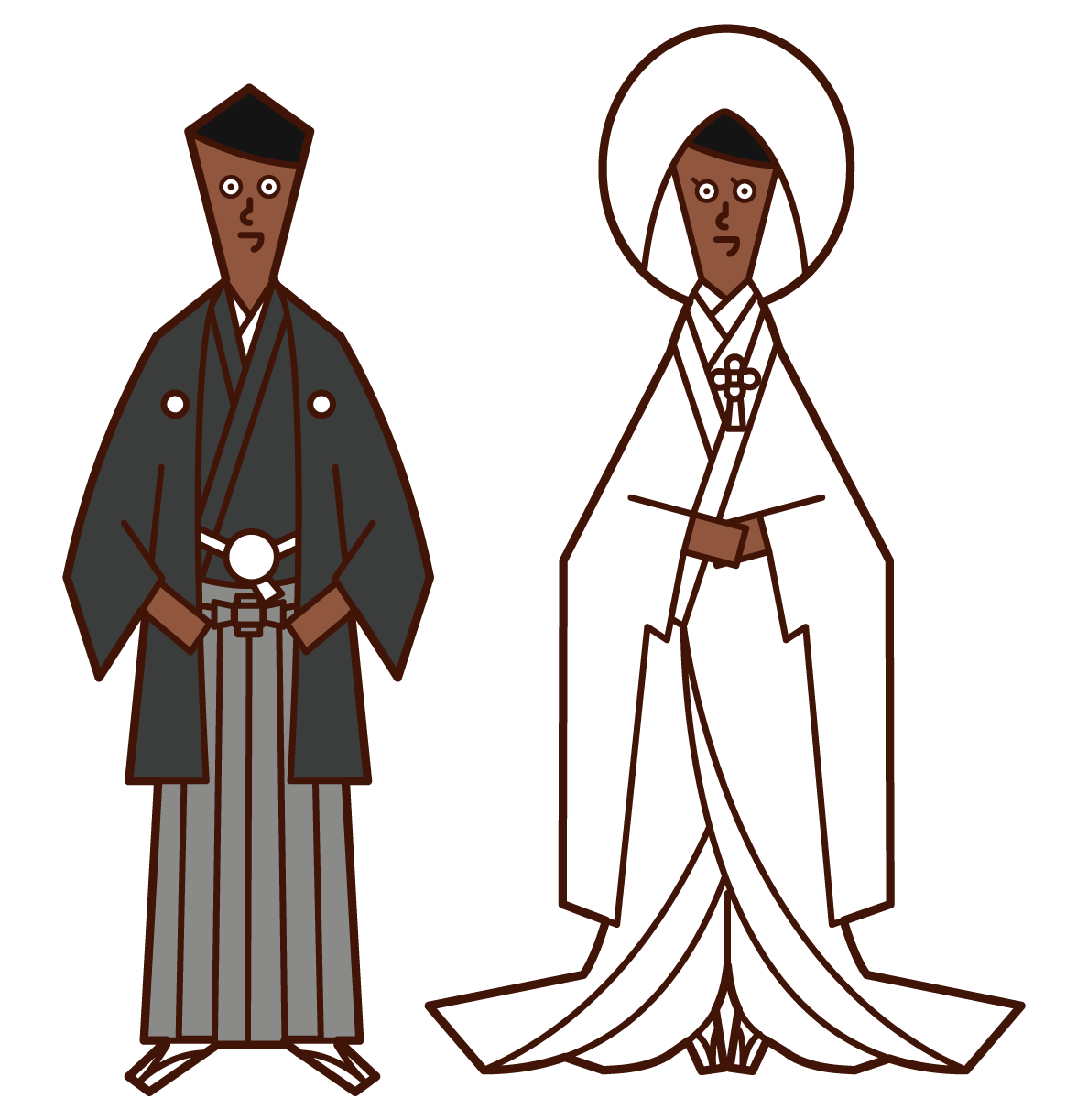 Illustration of a japanese-style bride and groom (crested hakama, solid white)