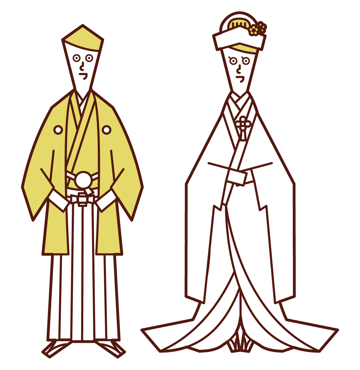 Illustration of bride and groom (crested hakama and pure white)