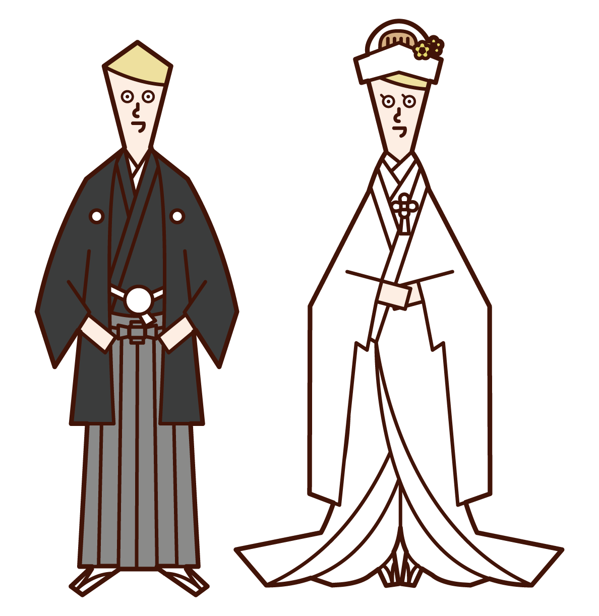 Illustration of bride and groom (crested hakama and pure white)