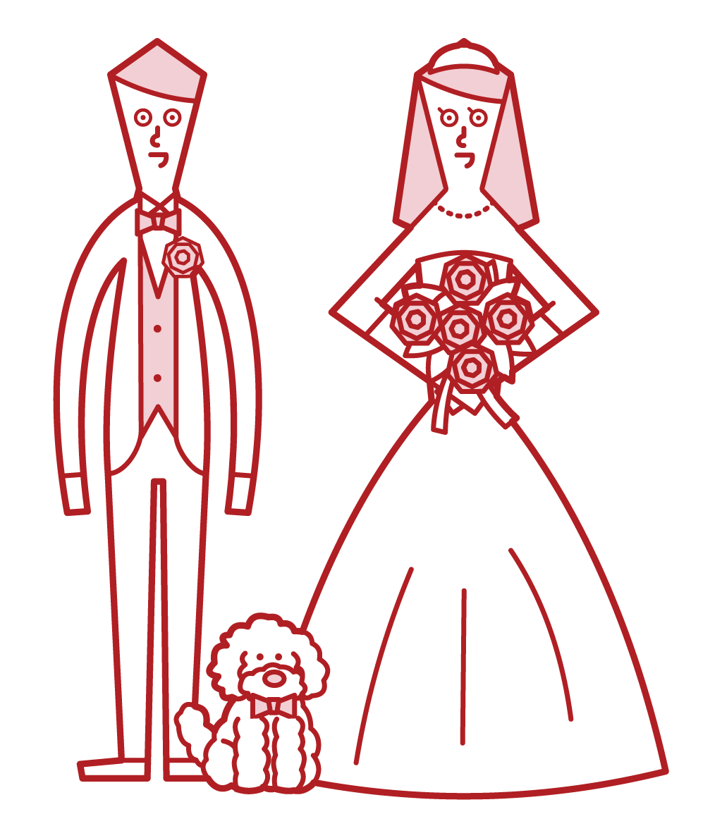 Illustration of bride and groom and dog