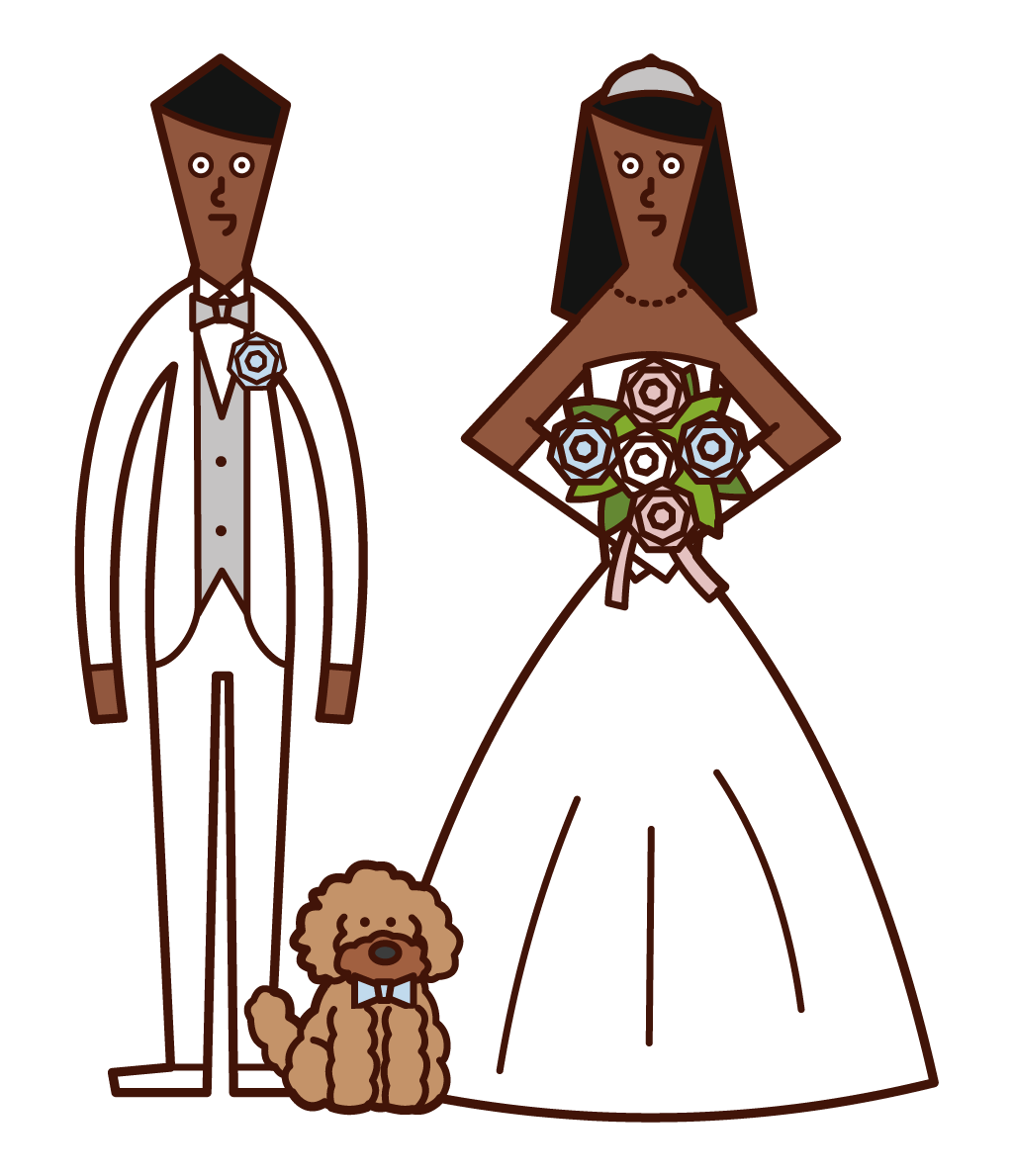 Illustration of bride and groom and dog