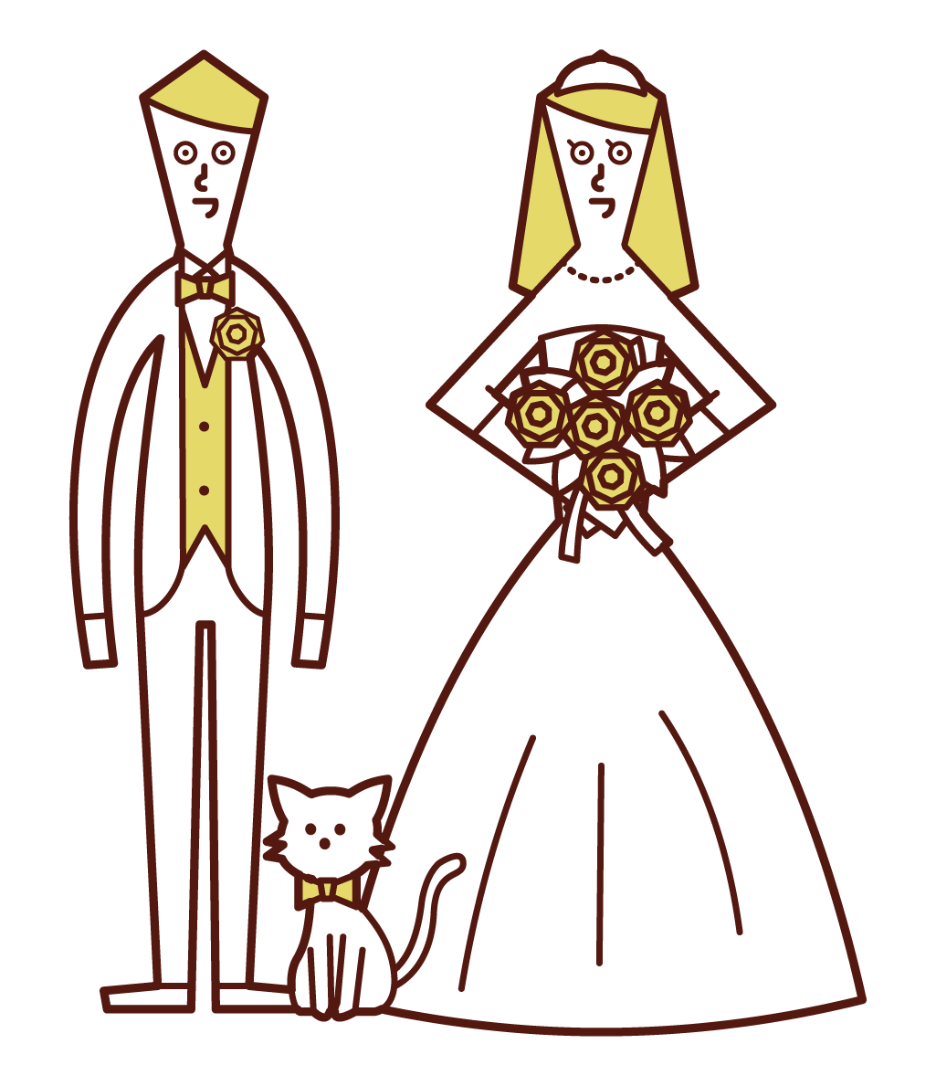 Illustration of bride and groom and cat