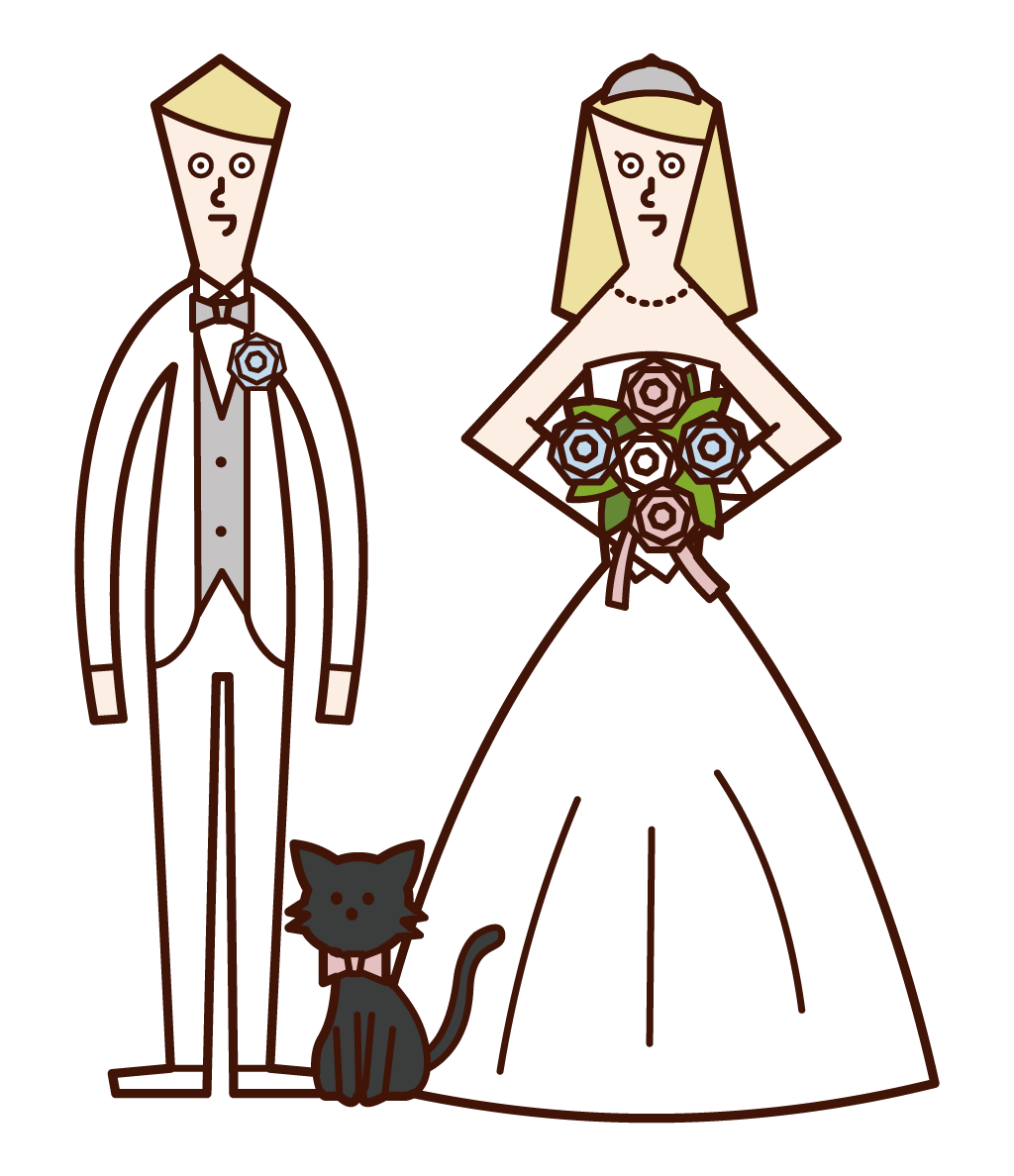 Illustration of bride and groom and cat
