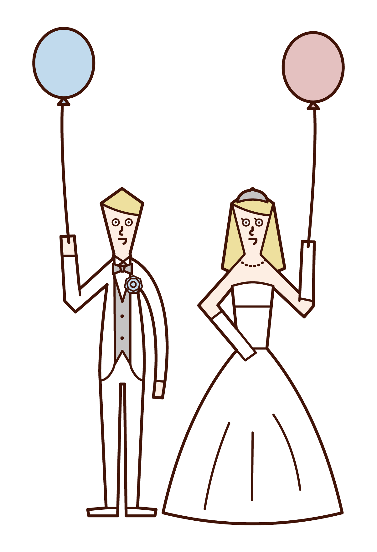 Illustration of bride and groom releasing balloons