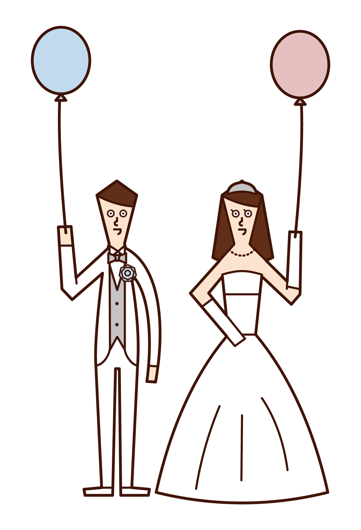 Illustration of bride and groom releasing balloons