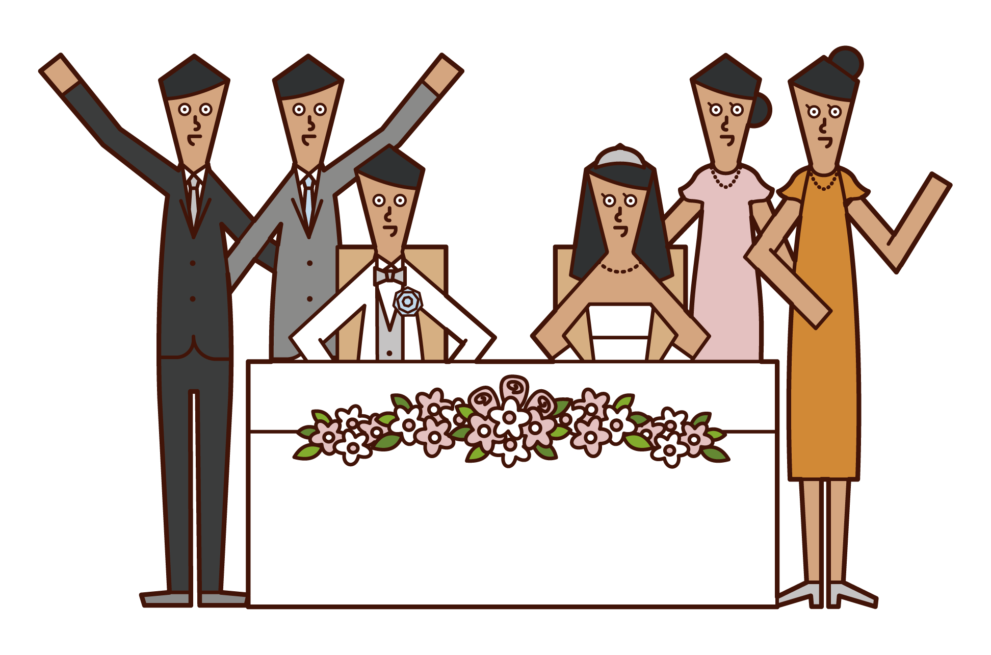 Illustration of friends taking pictures with bride and groom
