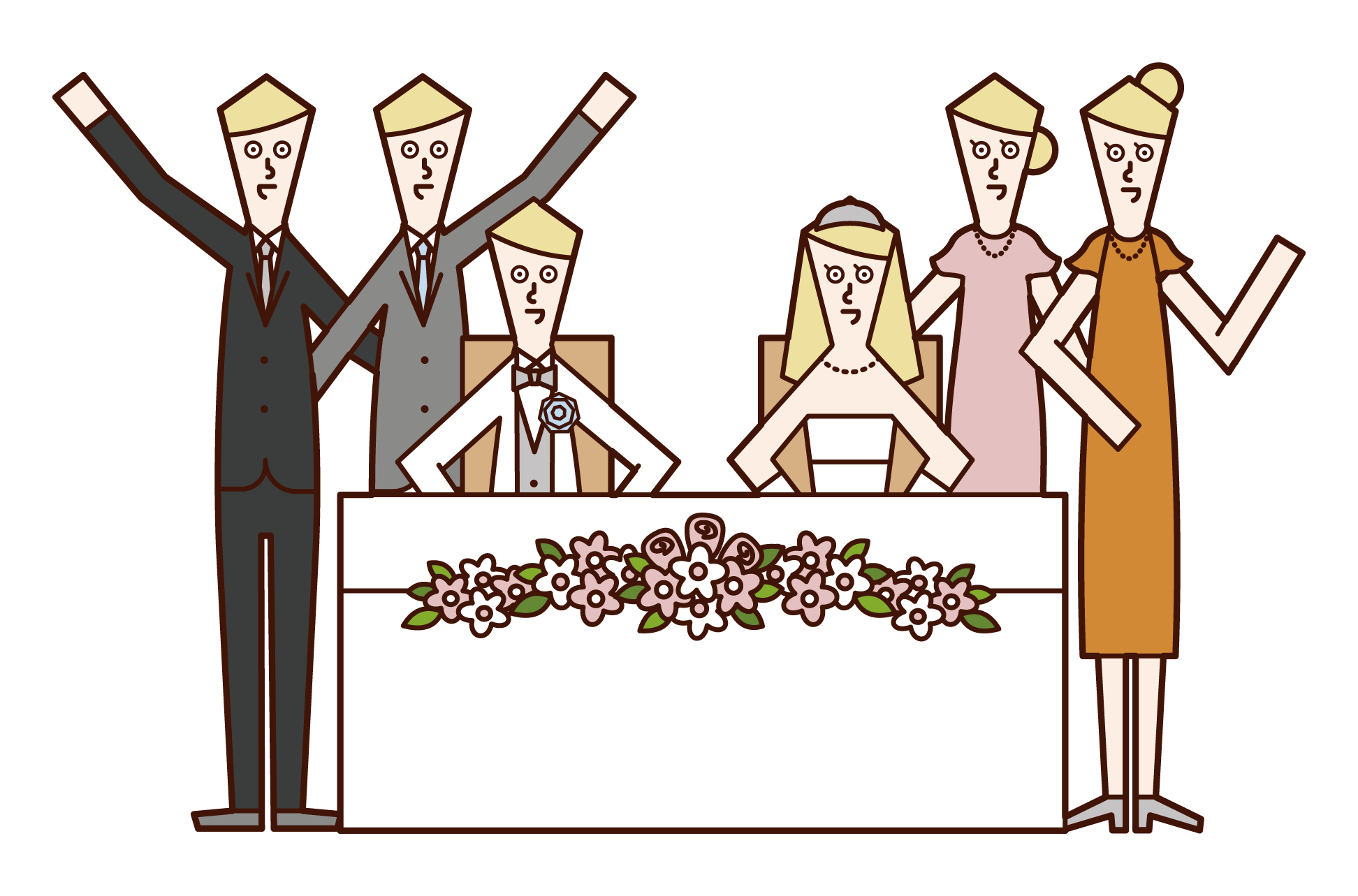 Illustration of friends taking pictures with bride and groom