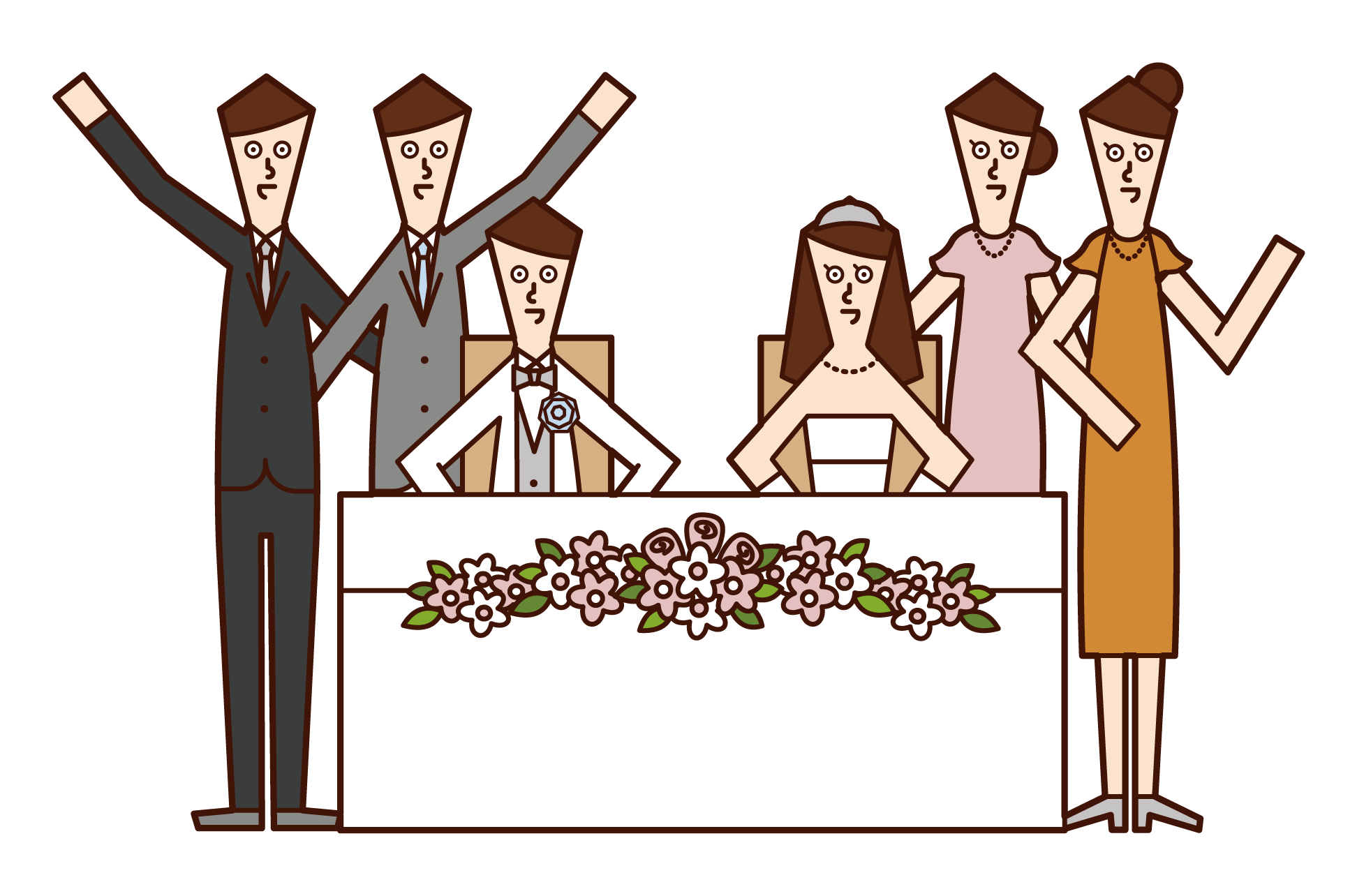 Illustration of friends taking pictures with bride and groom