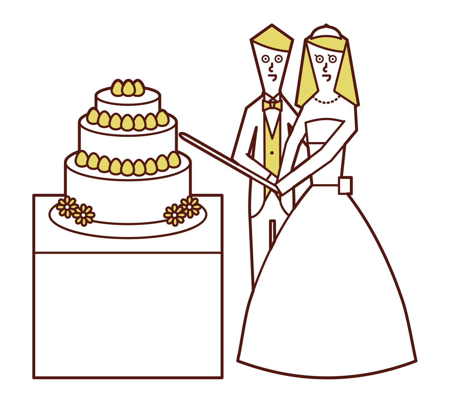 Illustration of bride and groom cutting cake
