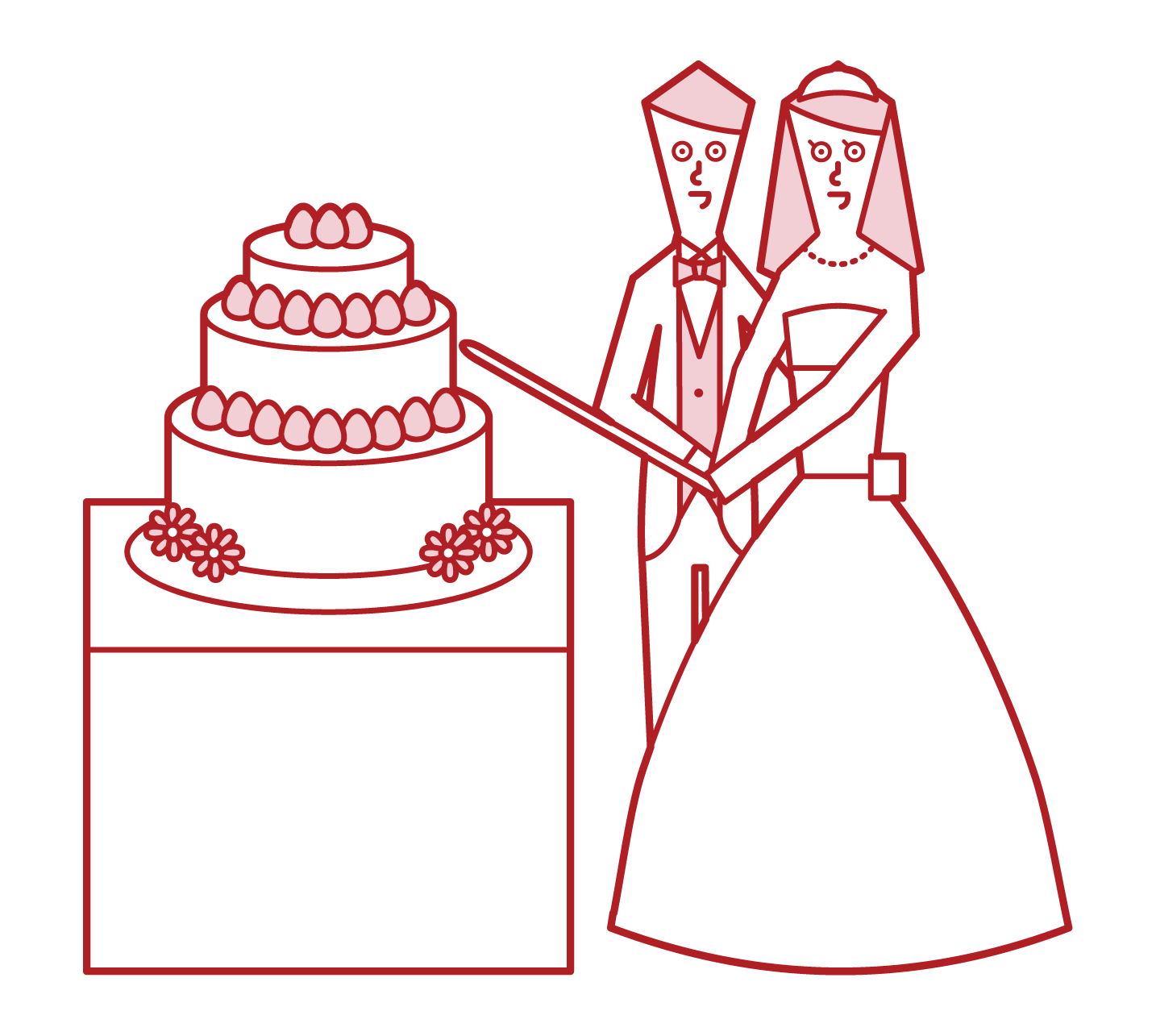 Illustration of bride and groom cutting cake